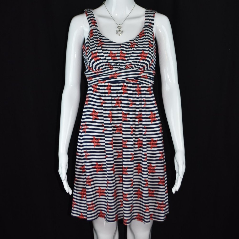 Style & Co. sz. XS Petite Navy Blue and White Striped Dress with Red Stars